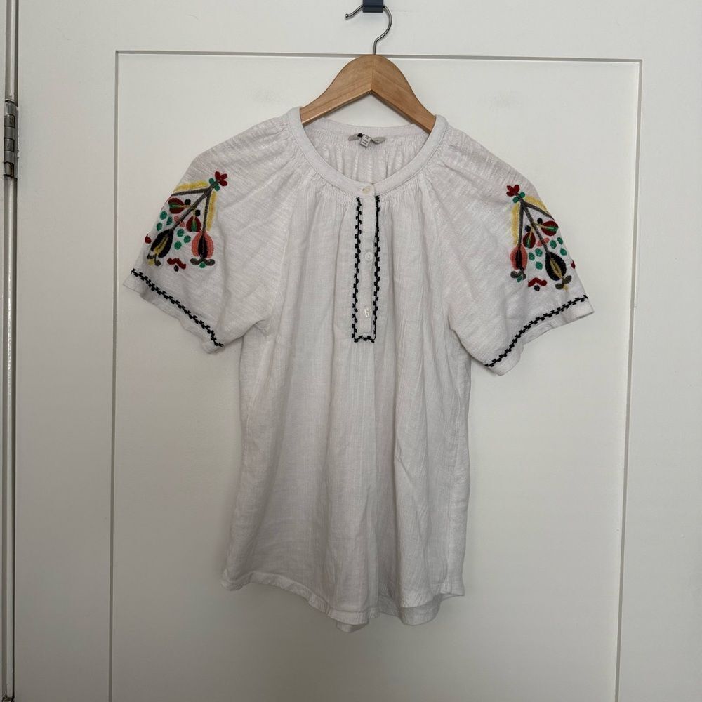 Lucky Brand Top Women Sz M White Embroidered 1/4 Button Short Sleeve Cottagecore